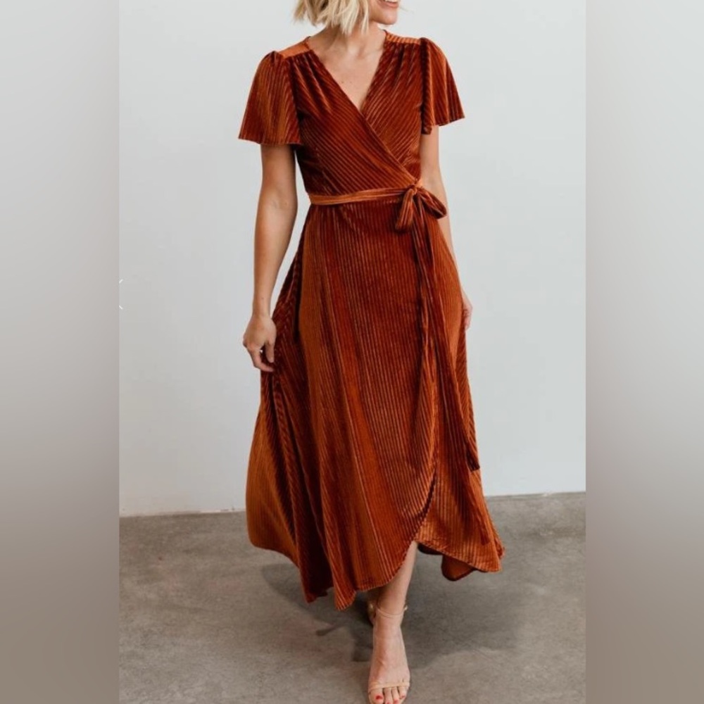 Andi Ribbed Velvet Wrap Dress Rust